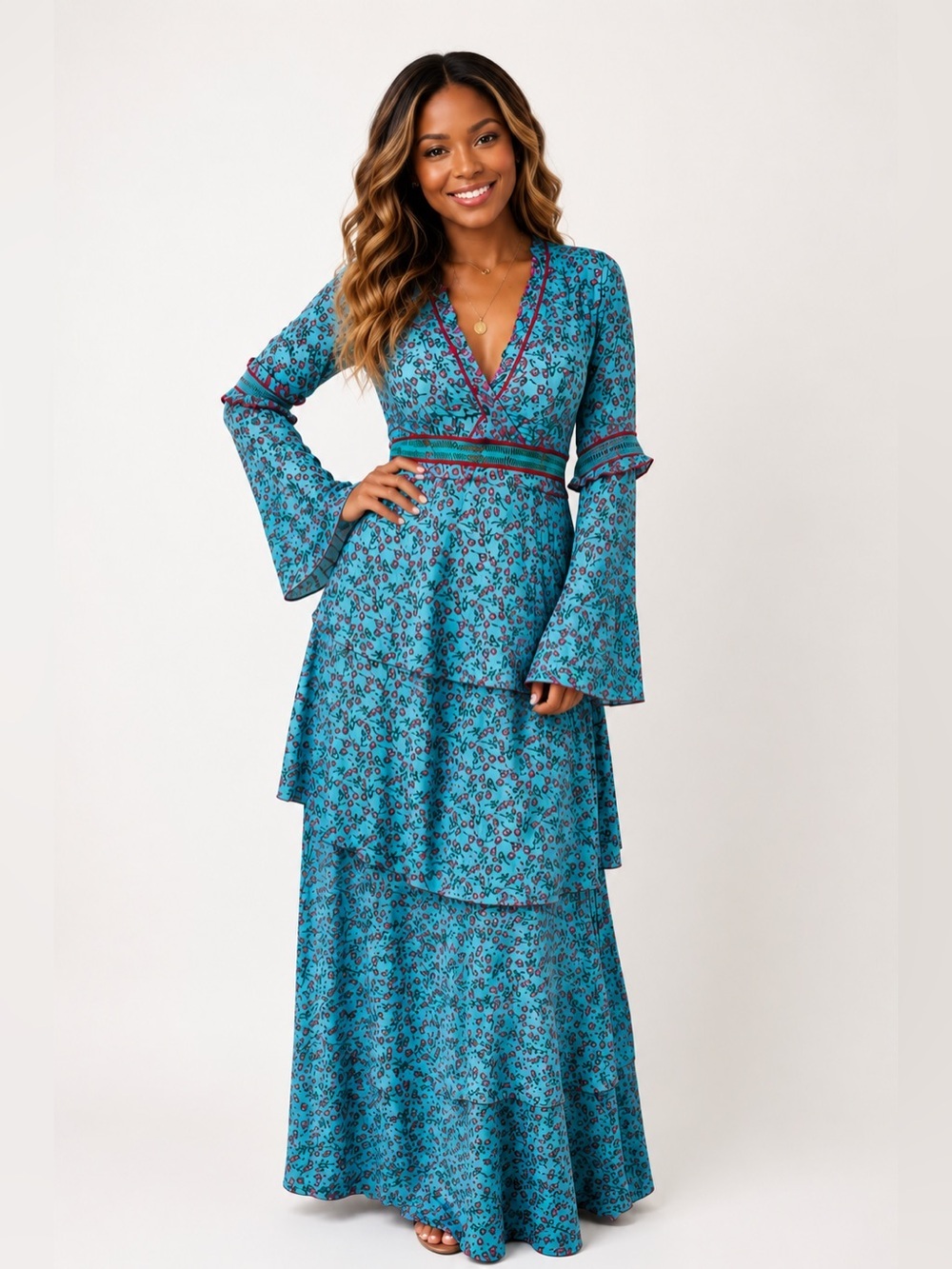 Nasty Gal Floral Tiered Flute Sleeve Maxi Dress Turquoise Boho Cottagecore  2